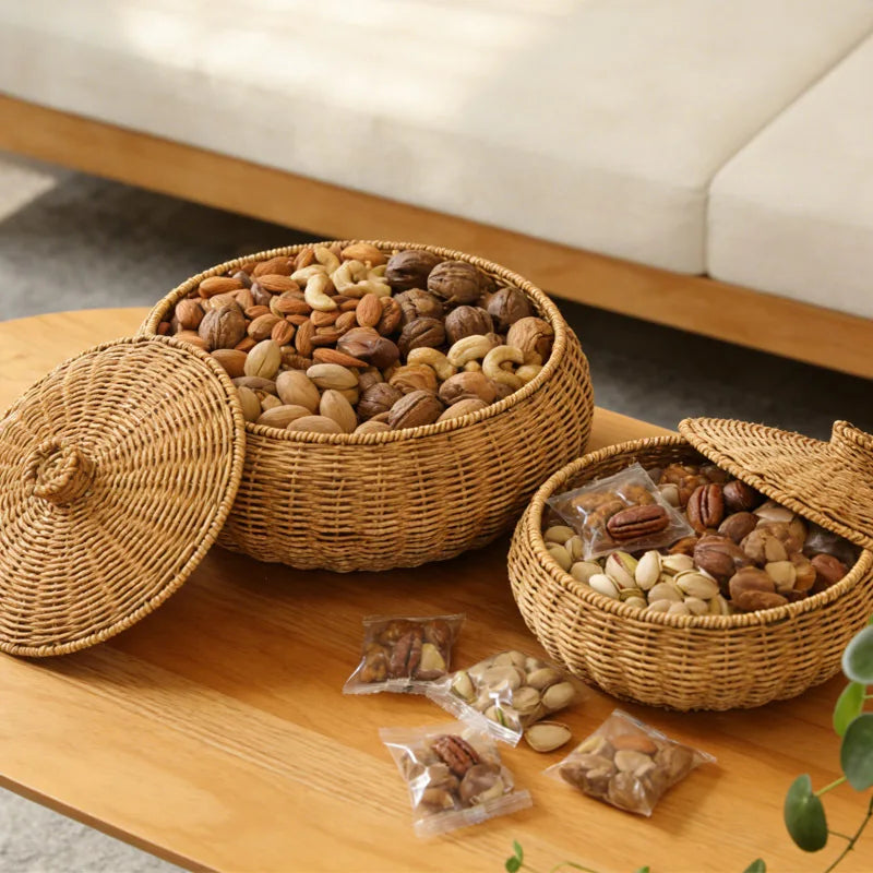 panier tressé marron clair couvercle rangement fruits légumes pain fromage rustic traditionnel cuisine