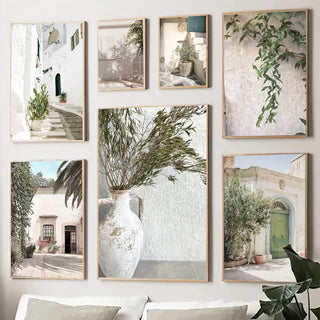 tableau decoratif boheme chic feuilles vertes architecture mediterranee blanc gris
