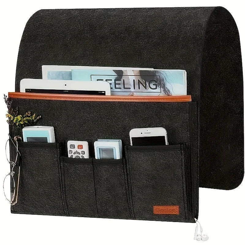 organisateur feutre gris noir accoudoir canapé pochettes rangement télécommandes livres utilitaire