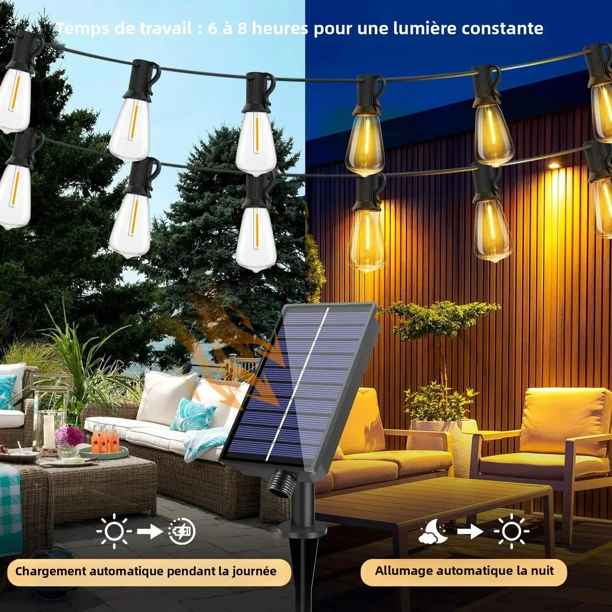 guirlande lumineuse solaire transparente vintage 10m 15leds ip44 clips télécommande usb