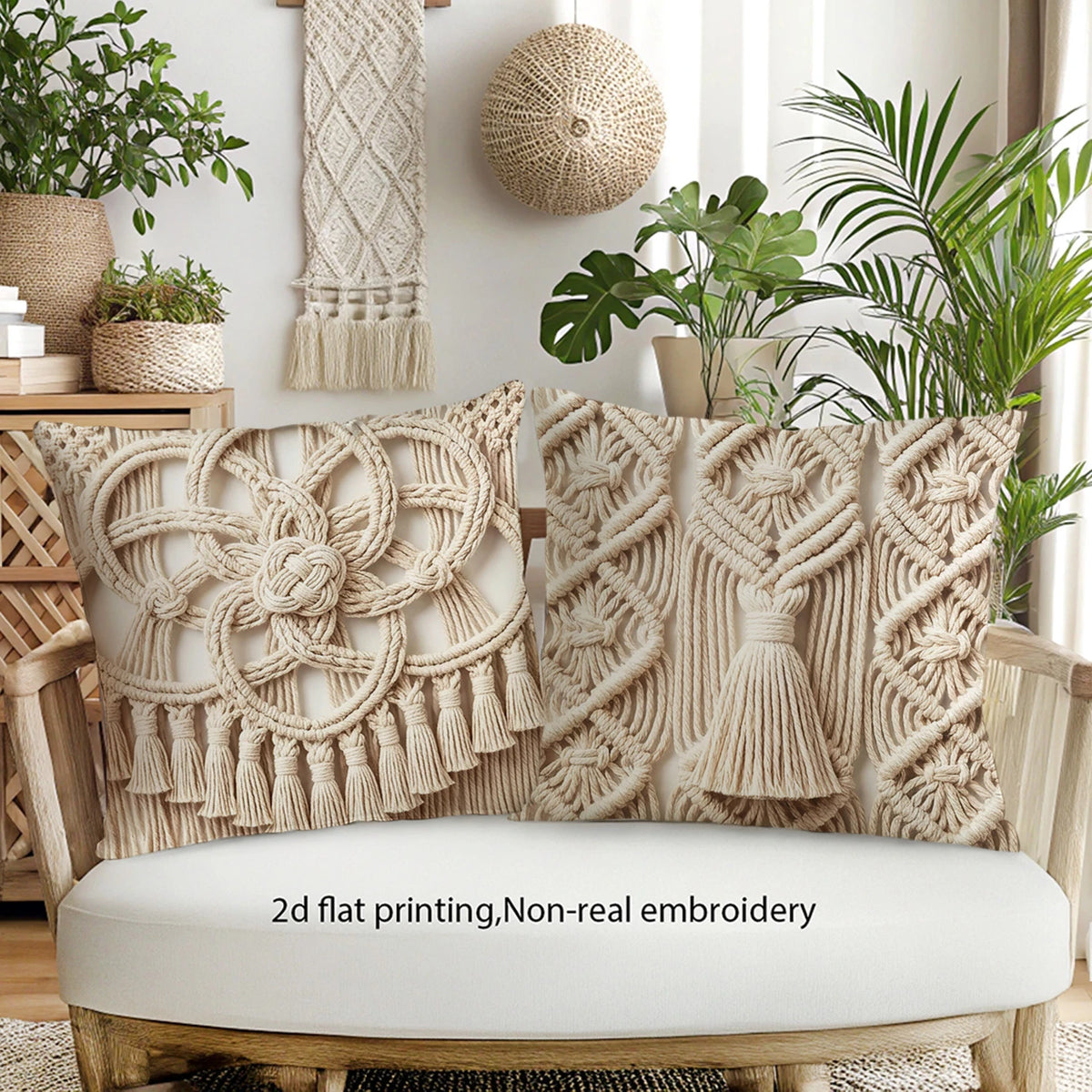 taies d'oreiller boho macramé beige clair franges décoratives maison lit hospitalière polyester peachskin