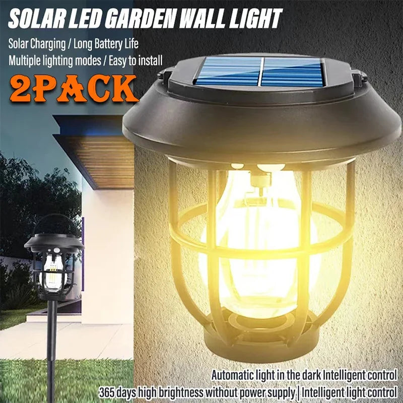 lampe solaire led murale vintage cage métallique verre opalin noir filament decoration extérieur ip65