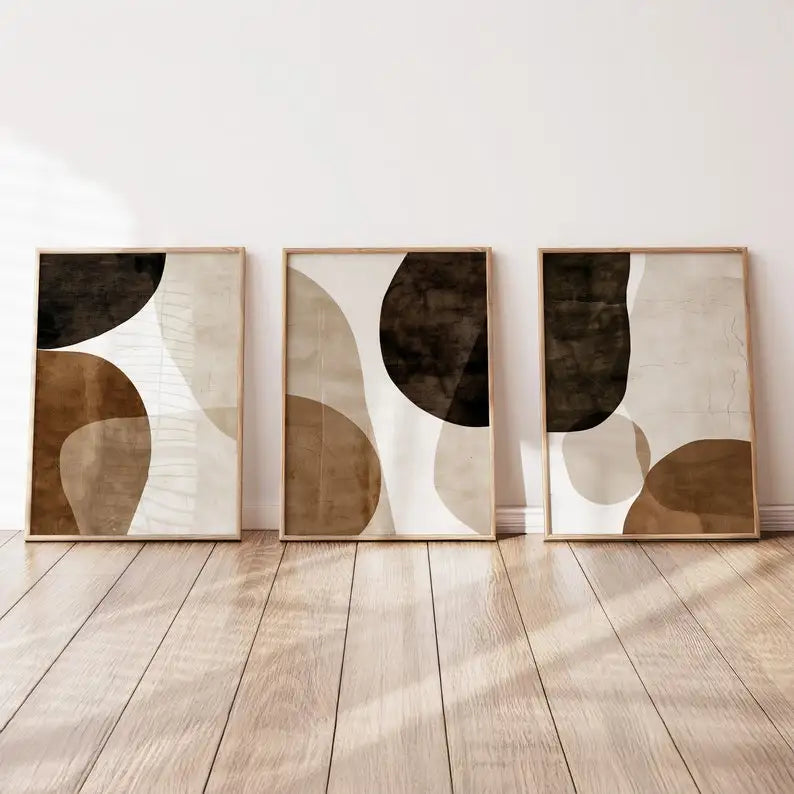affiches abstraites modernes toile beige marron sans cadre ensemble trois impressions minimalistes