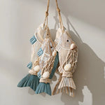 poisson décoratif bois rustique marin cordelette blanc bleu beige brun rayures horizontales coquille