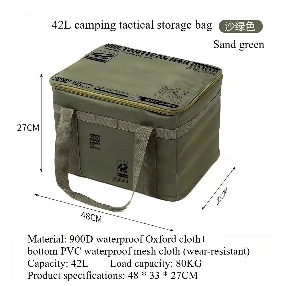 sac rangement camping vert olive imprimé militaire 30L étanche boucles métalliques assiettes couvercles bouteille