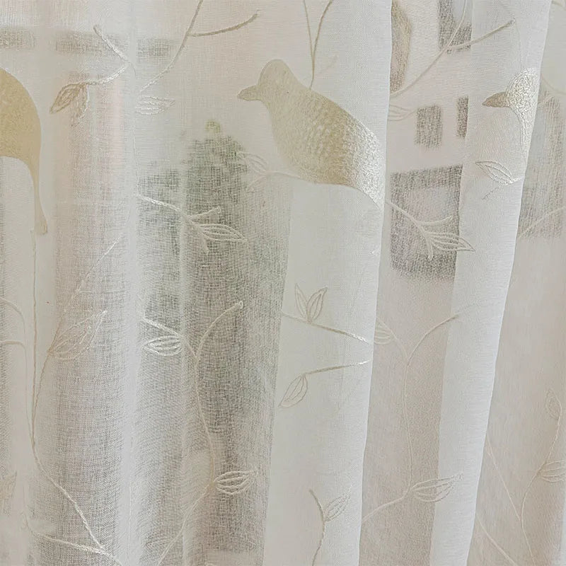 rideau blanc oiseaux brodés pompons franges moderne translucide polyester 130cm 200cm