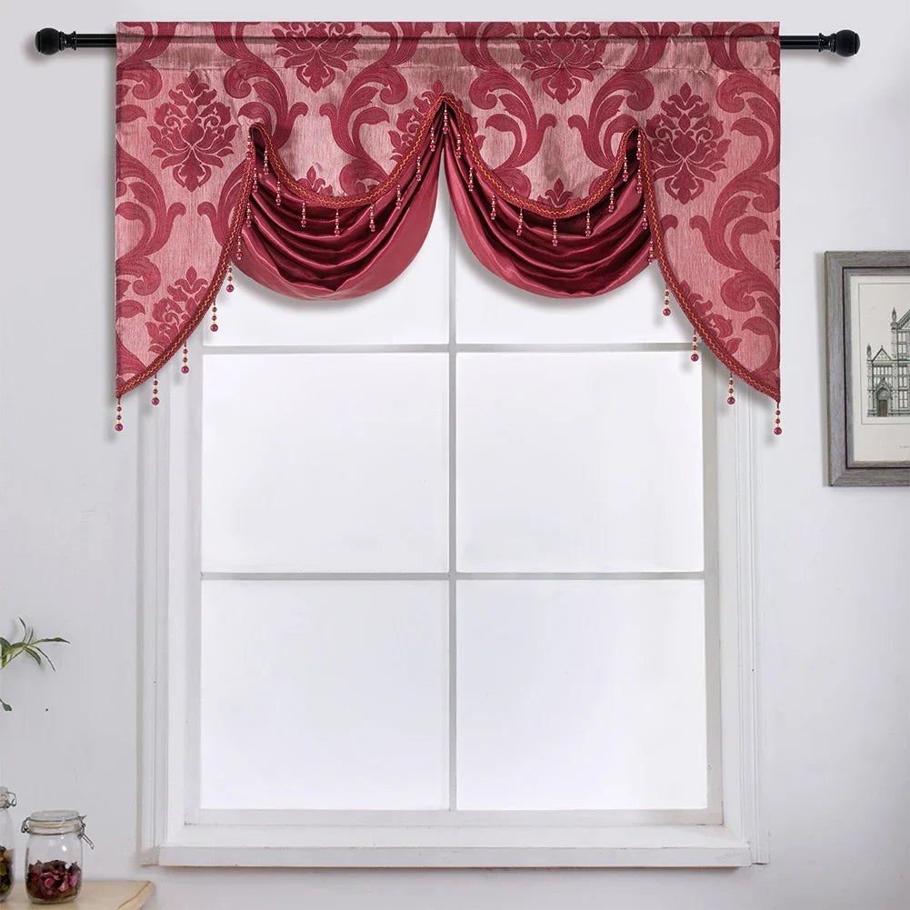 rideau fenêtre floral damassé semi transparent gris beige tissu polyester texturé glands classique 135x75cm
