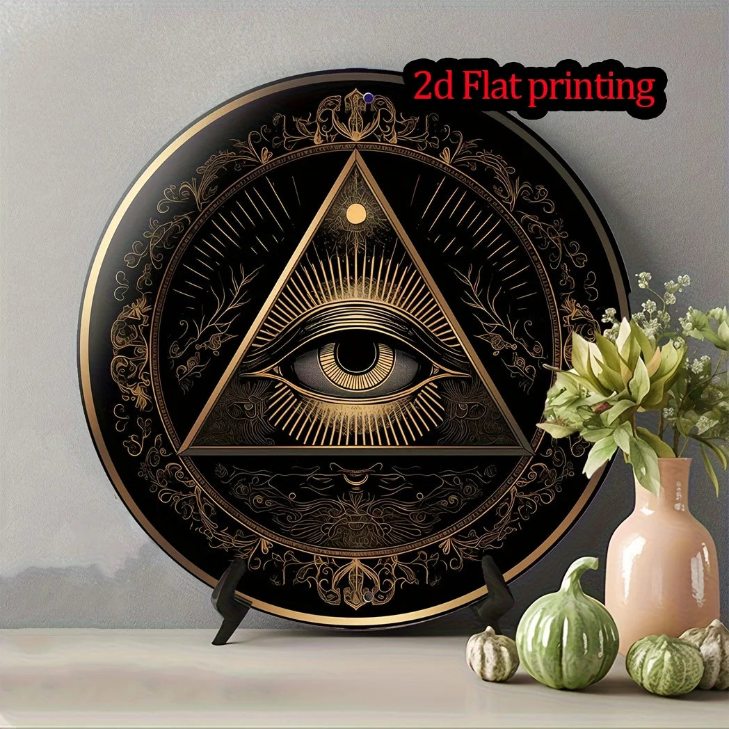 plaque murale art déco oeil tout voyant noir doré triangle floral 20cm 20cm