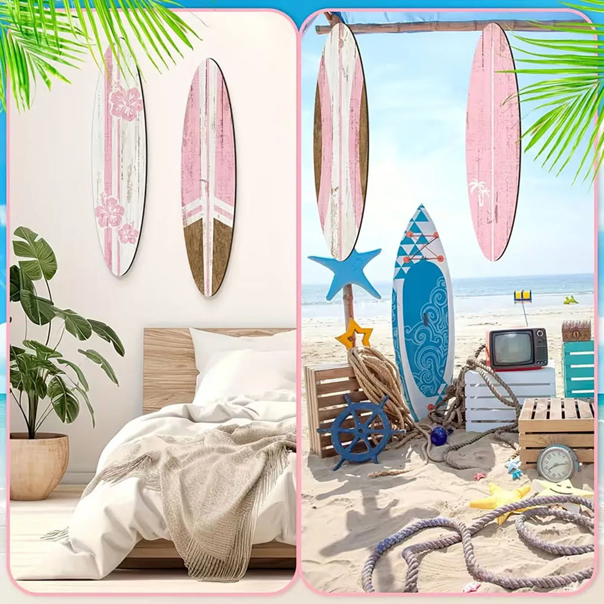 décoration murale surf rose vintage adhésif double face fleurs palmiers rétro bois opaque