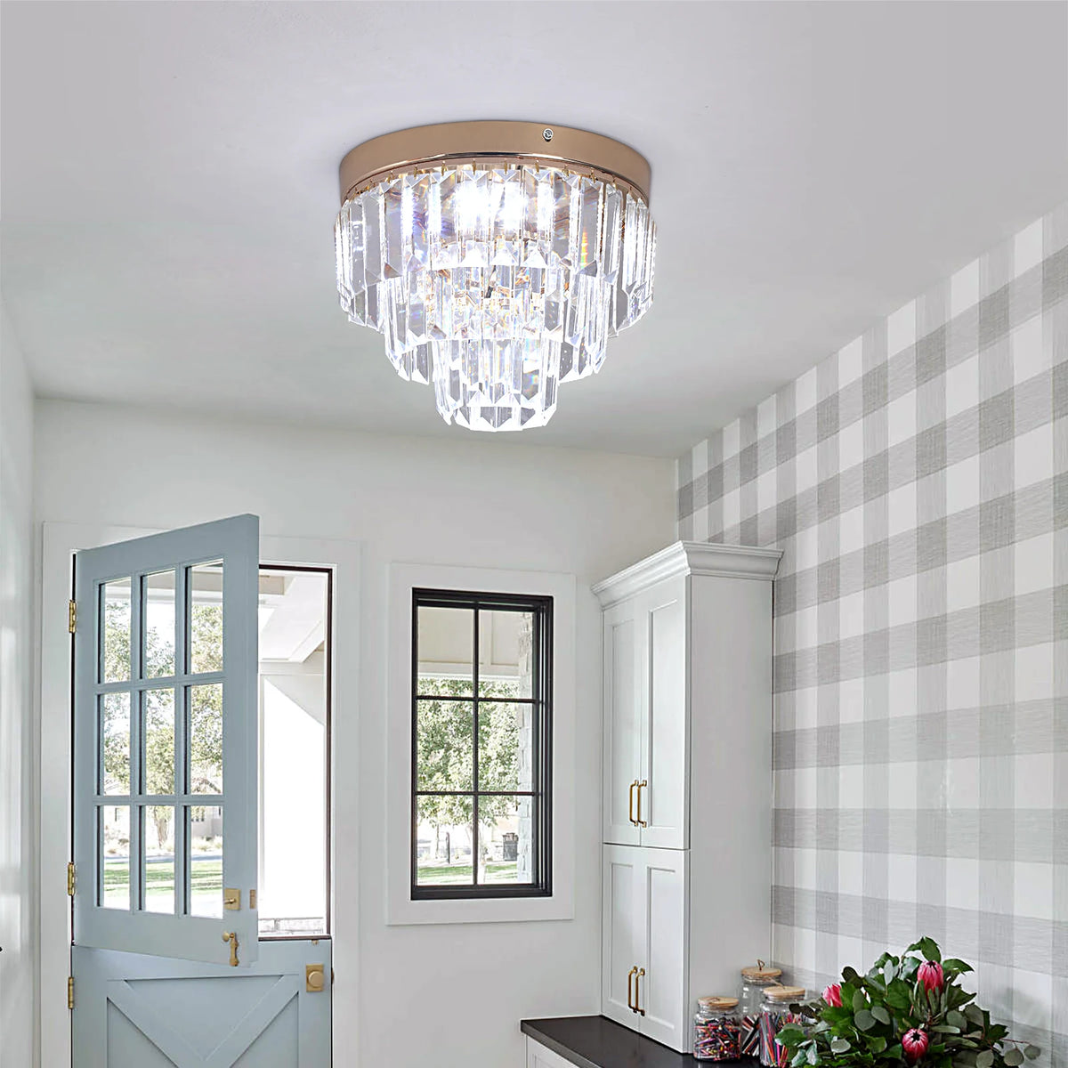 suspension lumineuse led cristal chrome art déco moderne élégante facette géométrique transparente dorée