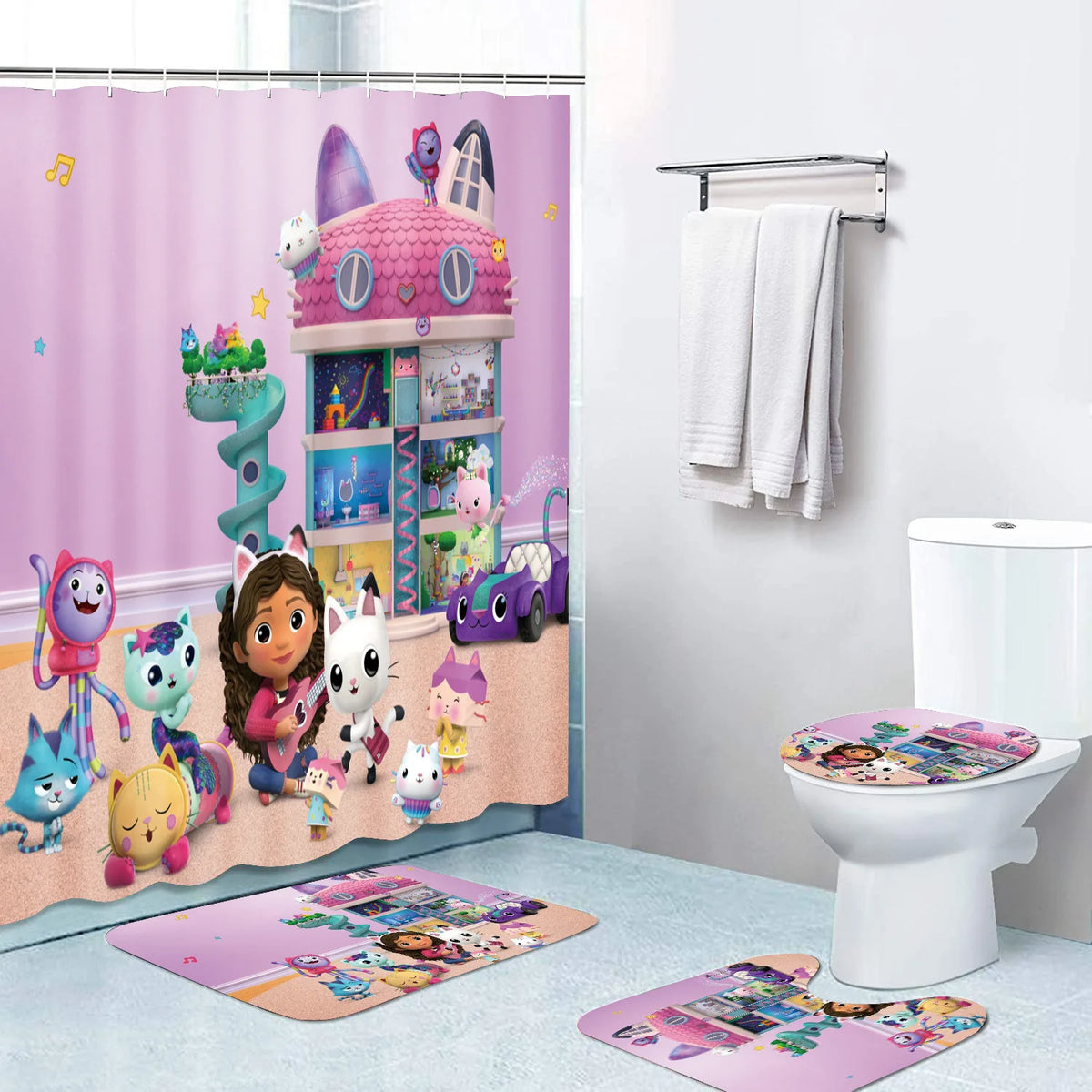 rideau douche moderne rose personnages animés tapis bain couvercle wc opaques enfantin