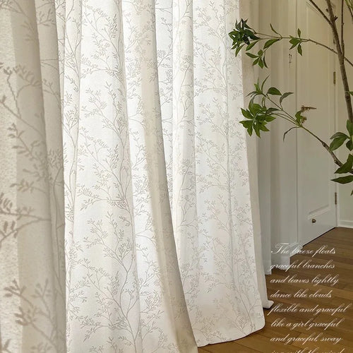 rideau fenêtre moderne blanc beige motif feuilles transparent élégant salon chambre balcon tringle