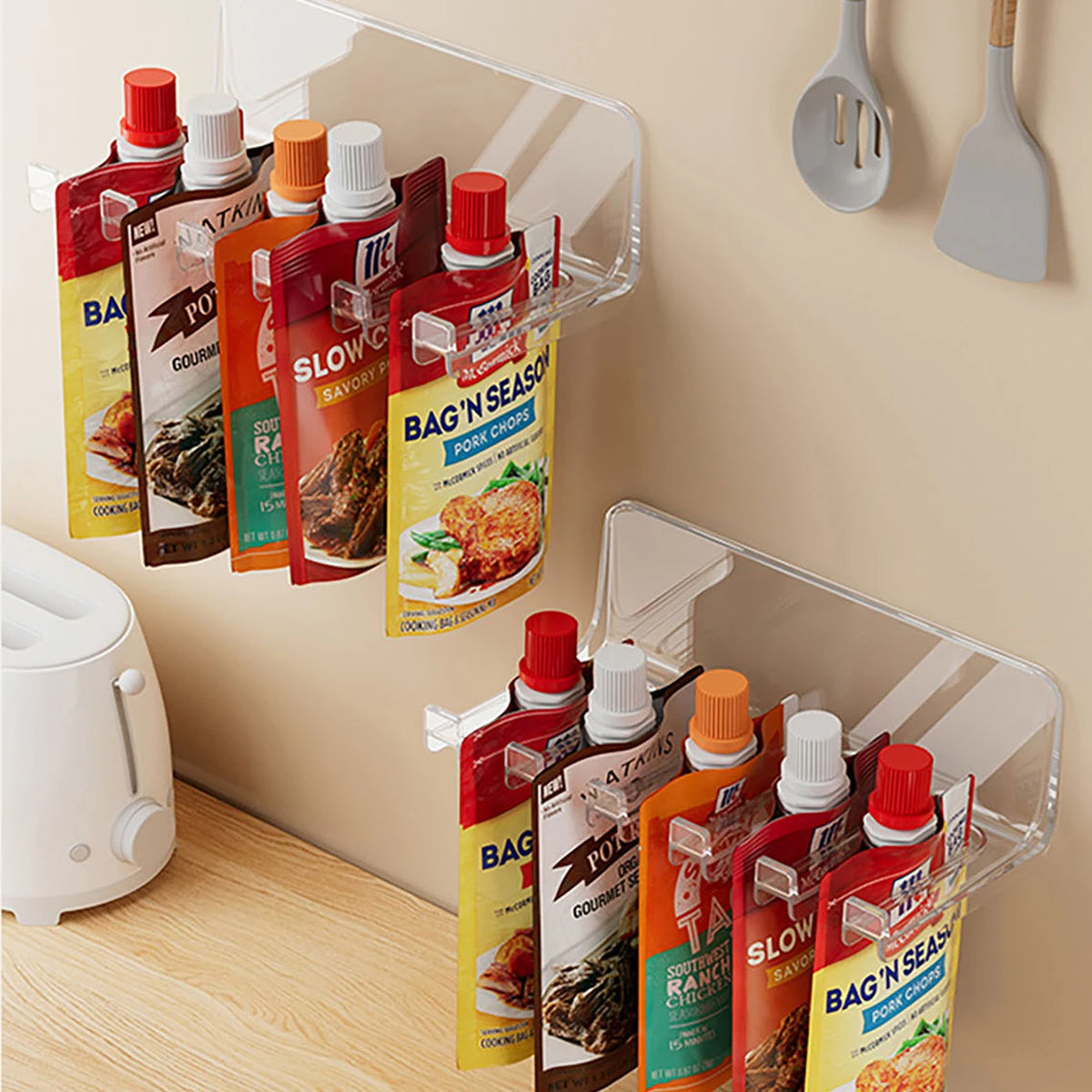 porte sacs cuisine transparent adhésif moderne organisation rangement épices assaisonnement réutilisable plastique multiple