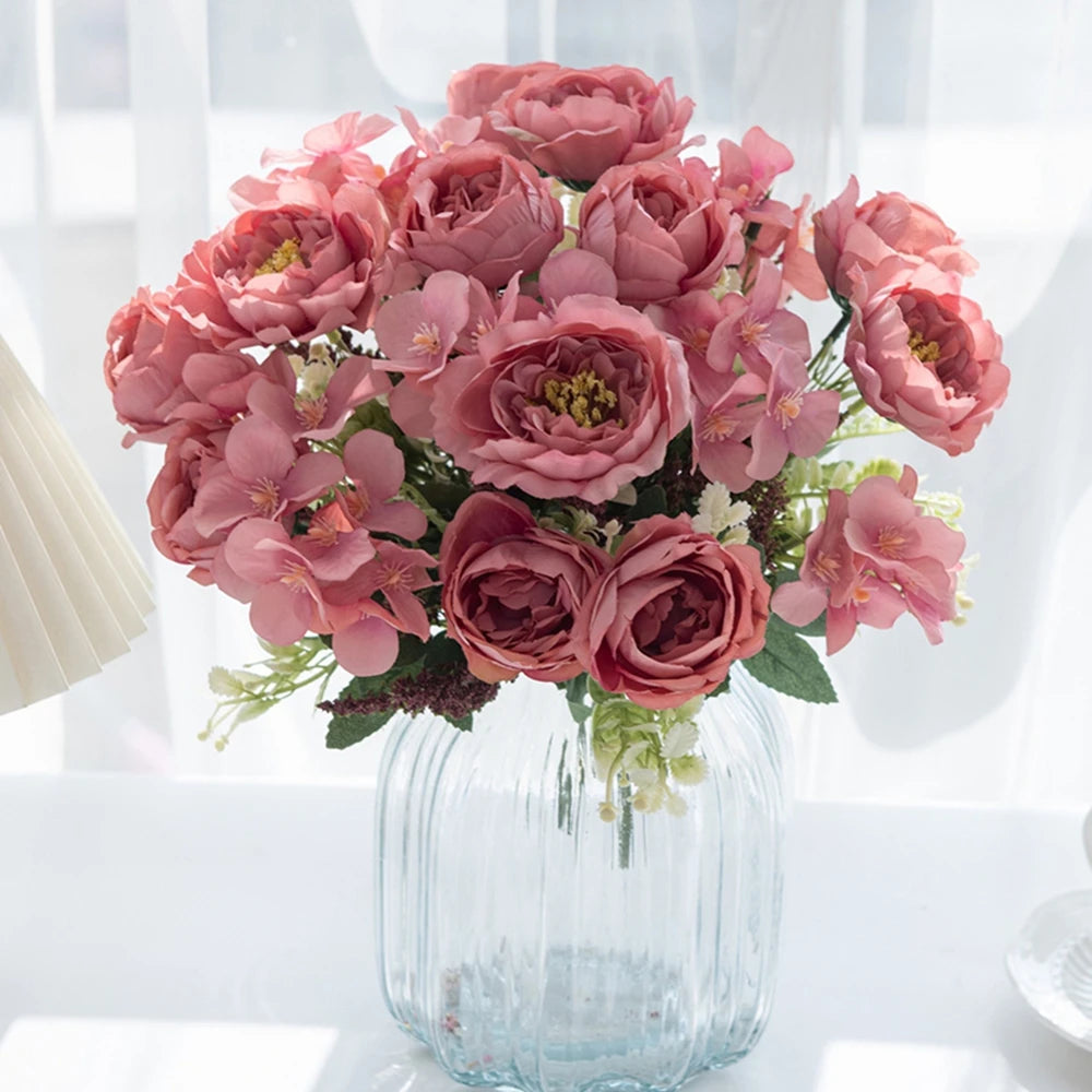 décoration extérieure bouquet fleurs artificielles pivoine rose blanche orange bleu gris romantique vase maison