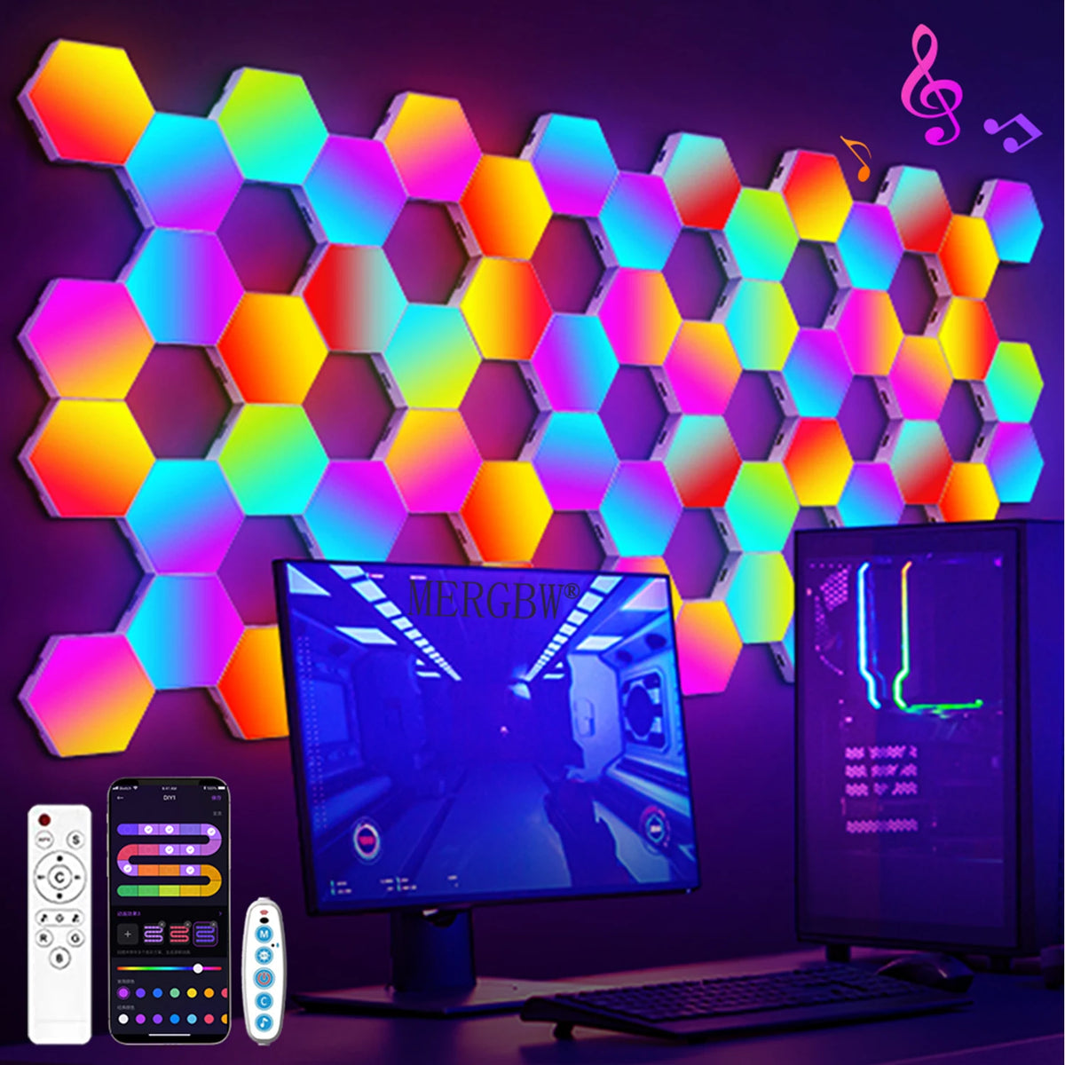 lampe murale hexagonale multicolore modulaire télécommande application moderne portable adjustable folding
