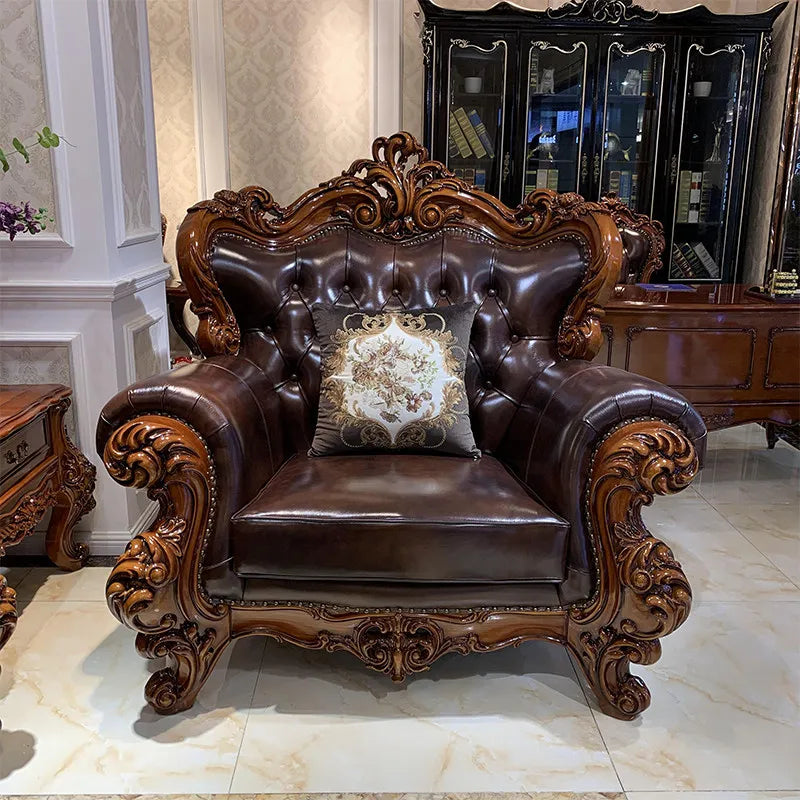 canapé chesterfield cuir lisse bois sculpté classique européen salon trois personnes