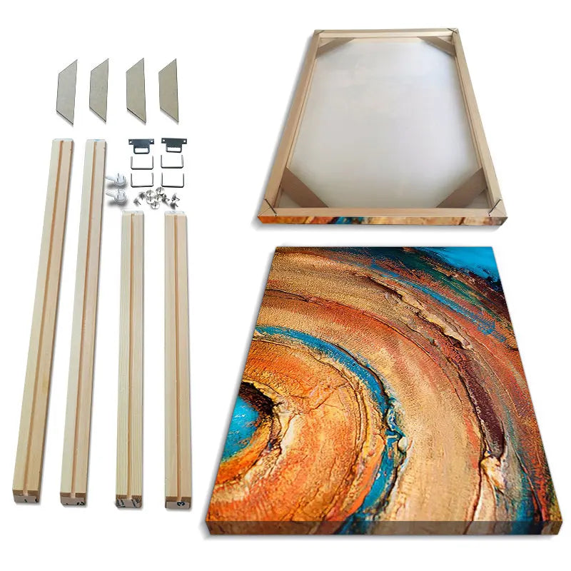 cadre photo bois moderne rectangle diy fixations métalliques abstrait orangé marron bleu couple paysage