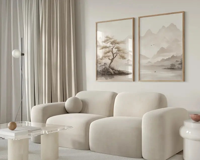 tableaux toile paysages abstraits arbres montagnes brumeux contemporains minimalistes sans cadre beige gris decoration