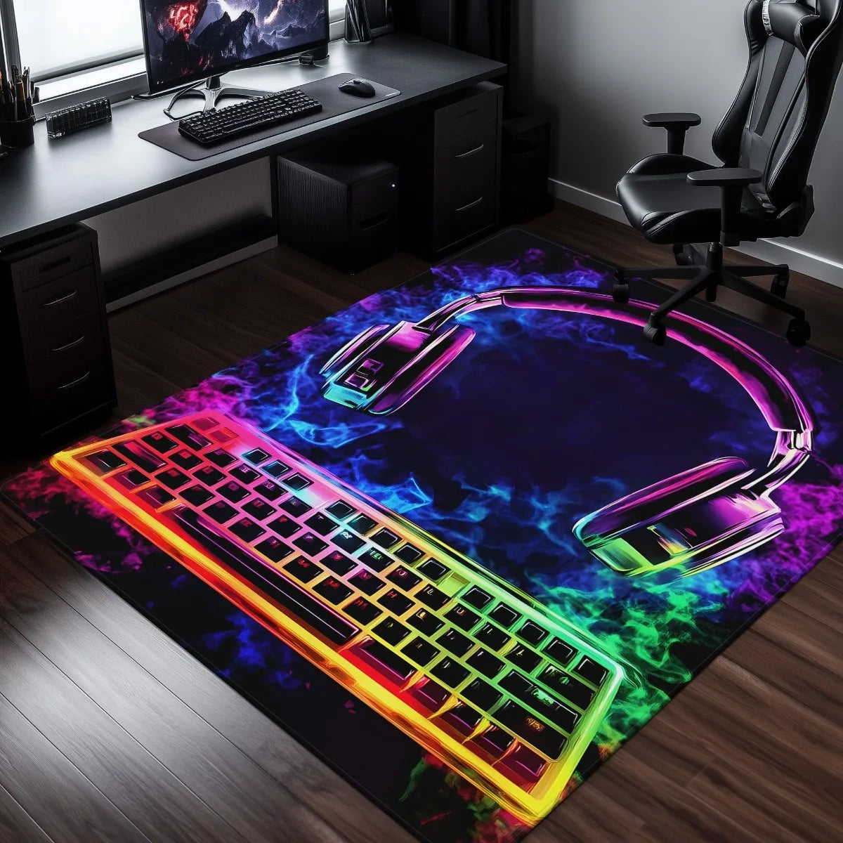tapis polyester antidérapant motif jeux vidéo néon gaming moderne violet rose bleu