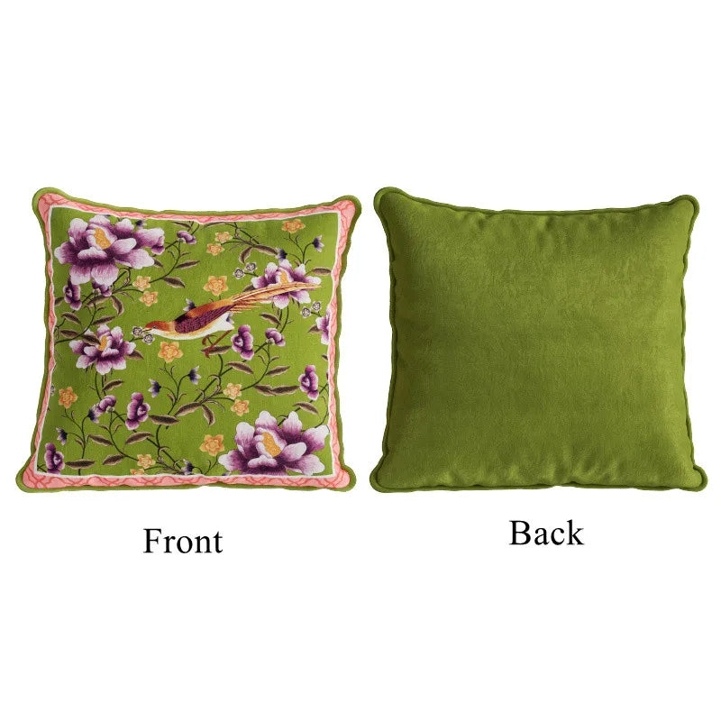 coussin carré velours fleur peony oiseau classique vert rose violet blanc