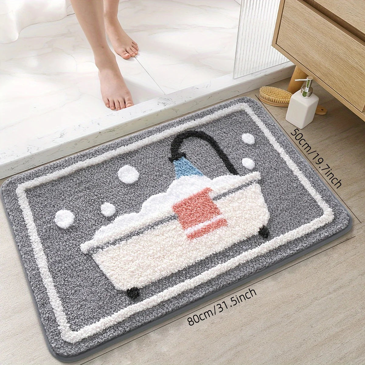 tapis bain polyester antidérapant motif baignoire moderne gris blanc rouge noir absorbant