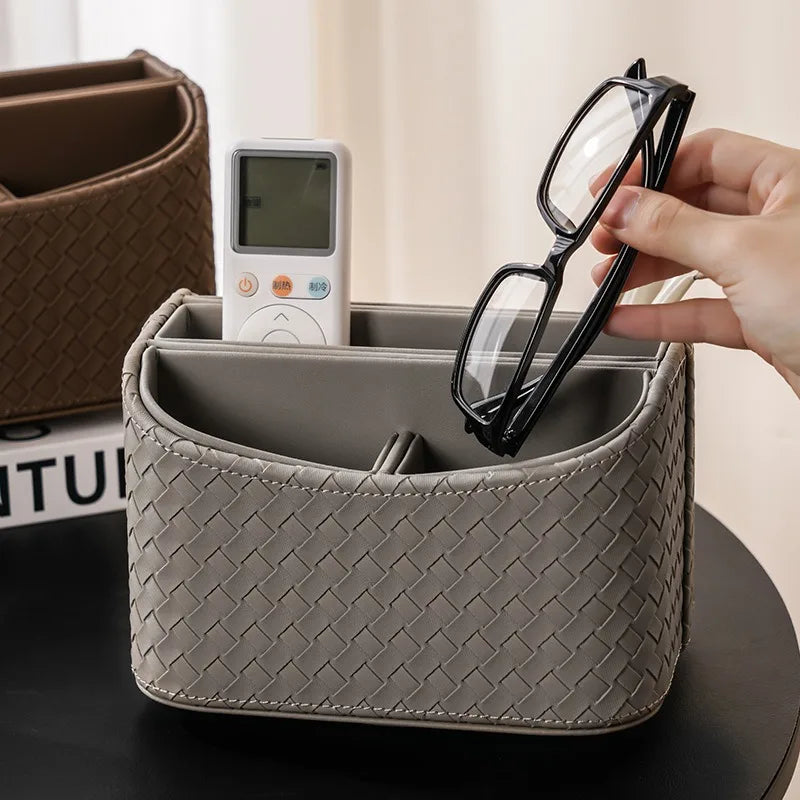 boîte rangement rotative cuir tressé marron gris moderne cosmétiques lunettes écouteurs pochette brosse maquillage