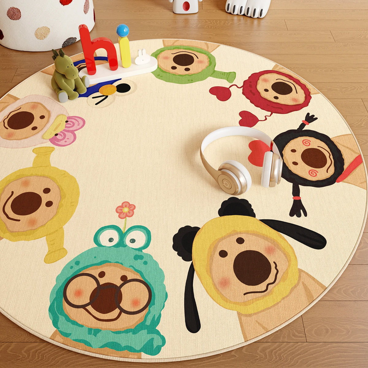 tapis rond moderne animaux dessin animé ours pingouin lion beige noir marron bleu rose