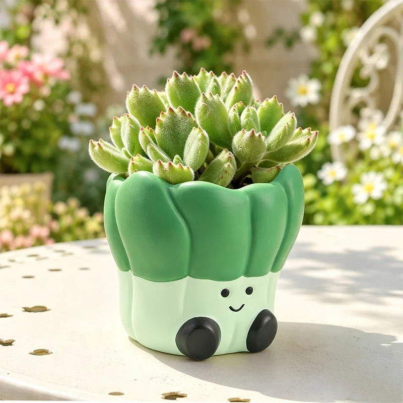 cache pot résine vert clair succulentes mignon visage souriant cactus décoration balcon