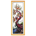 tableau paysage naturel arbres fleurs oiseaux papillons coton doré broderie