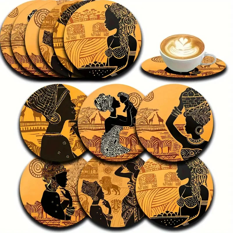 coasters bois orange noir motifs ethniques personnages traditionnels geometriques salon cuisine