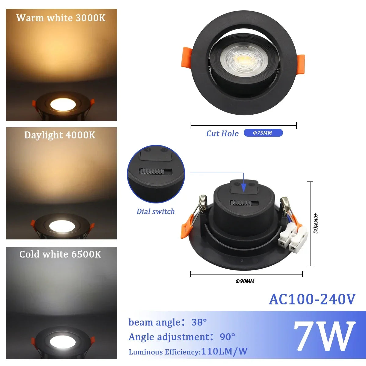 Spot LED encastrable blanc rond carré moderne switch cct 25000h lumens 121v 240v