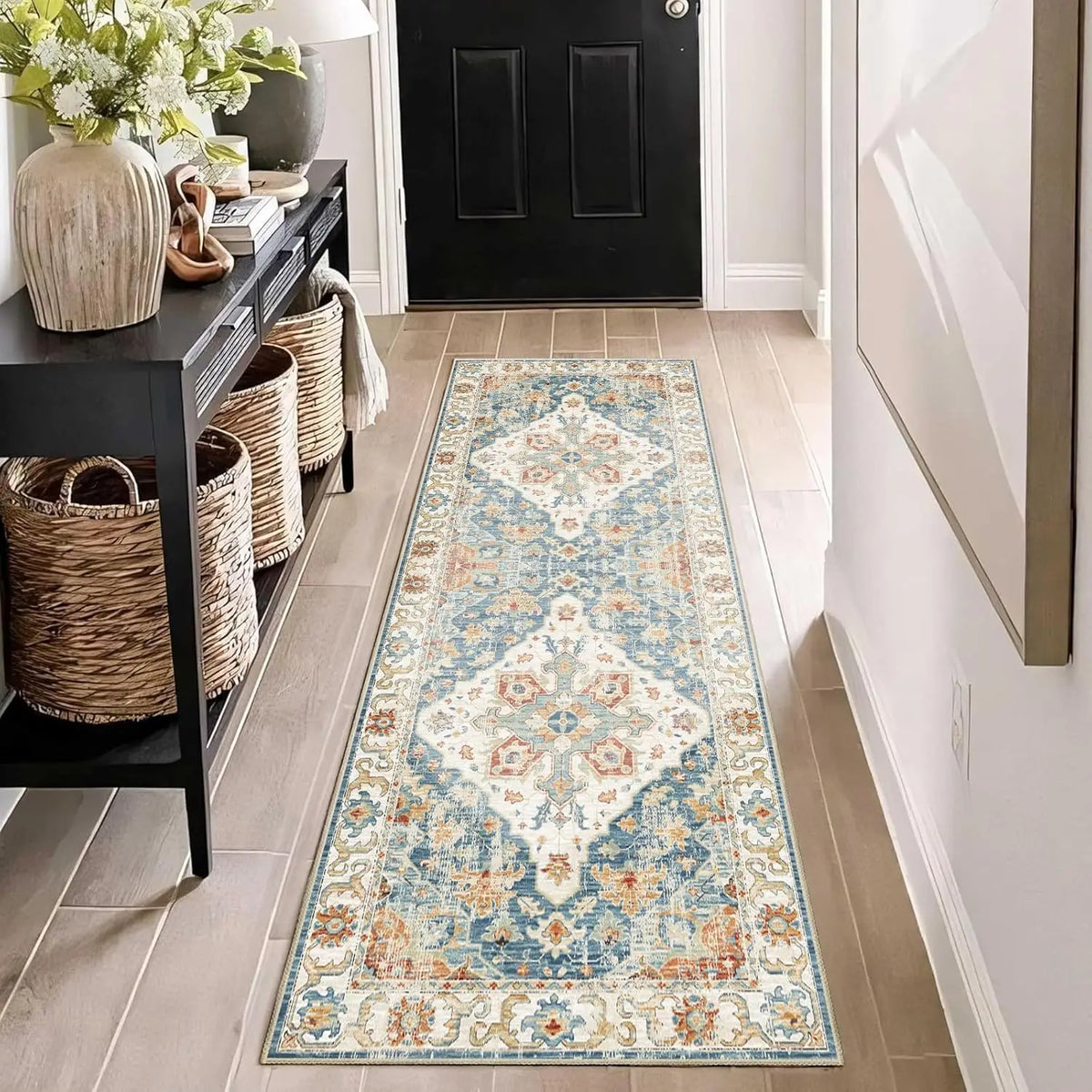 tapis bohème fleuri rectangle salon chambre doux antidérapant lavable polyester classique vintage