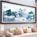 tableau paysage montagneux peinture traditionnelle coton nuages eau texte chinois vert bleu blanc gris