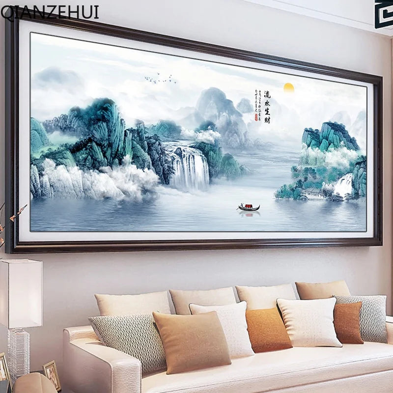 tableau paysage montagneux peinture traditionnelle coton nuages eau texte chinois vert bleu blanc gris