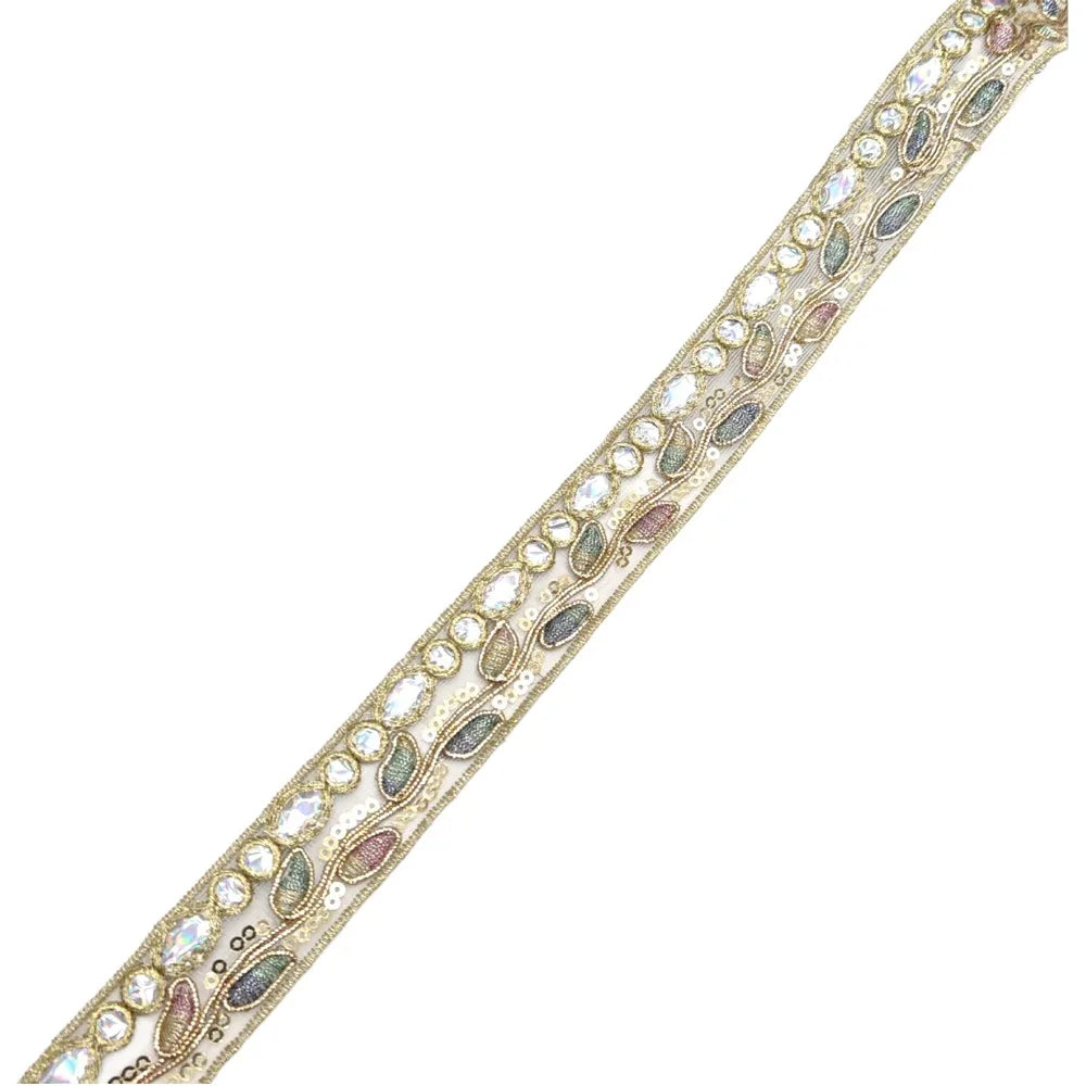 ruban brodé fleurs doré blanc bleu vert rose élégant couture artisanat rideaux franges accessoire