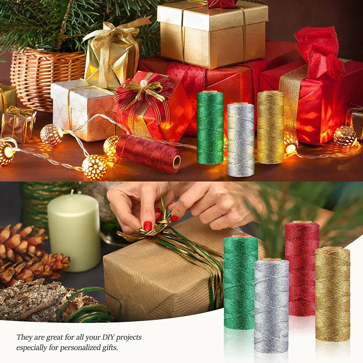 fil coton glitter vert rouge doré argenté décoratif boîte rangement satin