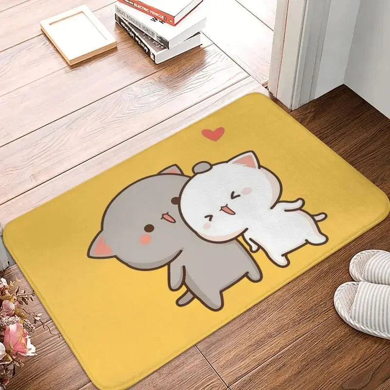 tapis sol moderne motif chat mignon mangeant nouilles rose gris blanc intérieur extérieur
