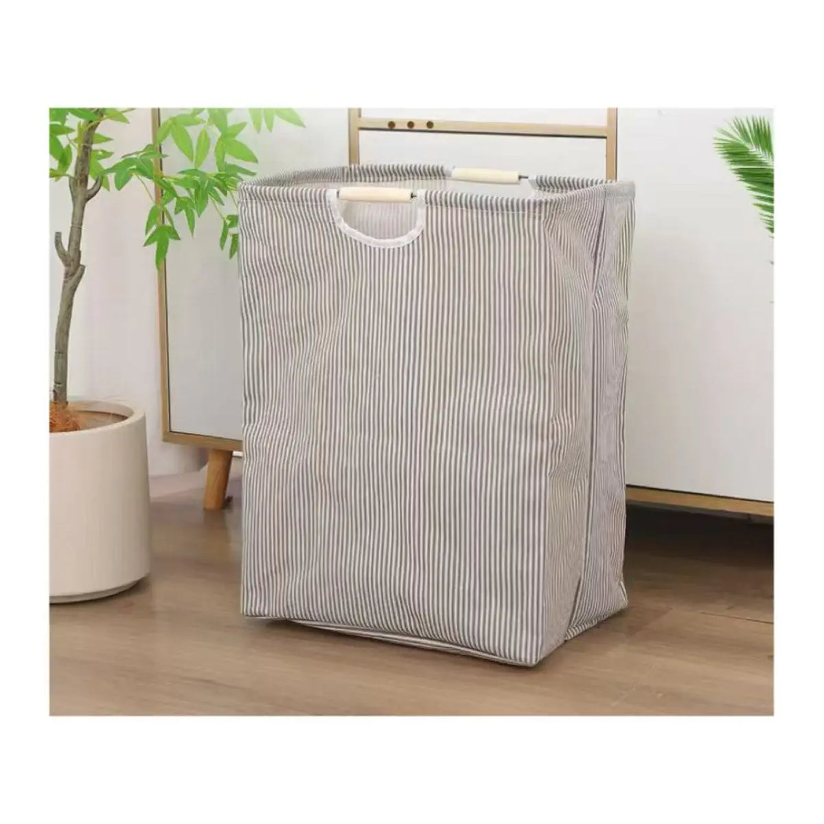 panier linge pliable coton rayures horizontales beige gris moderne poignées plastique