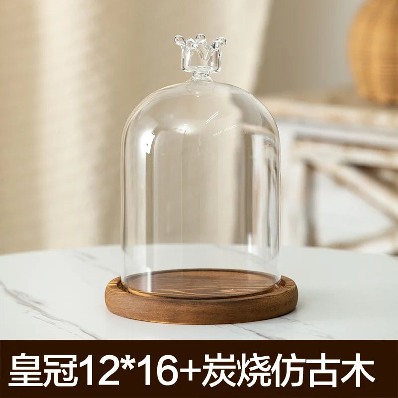 cloche verre transparent base bois bougie parfumée pinçon décoratives
