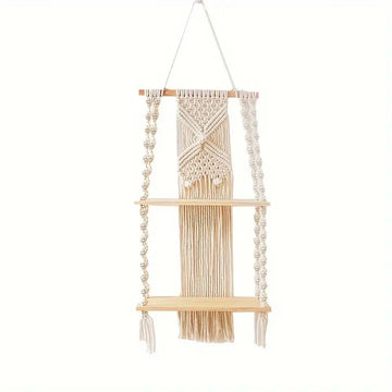 étagère murale macramé boho deux niveaux bois beige clair noeuds réguliers artisanal plante séchée
