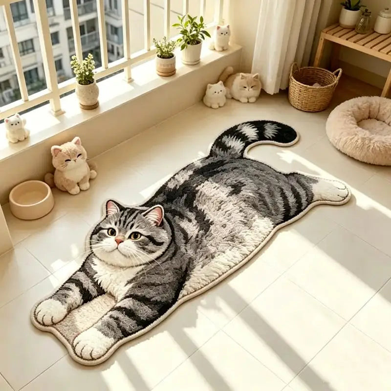 tapis peluche chaton gris rose orange oreilles pattes queue yeux fermés décoration maison