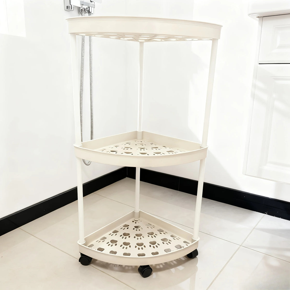étagère angle pliable noir blanc moderne niveaux multifonctionnelle salle bain cuisine cosmétiques roulettes pratiques