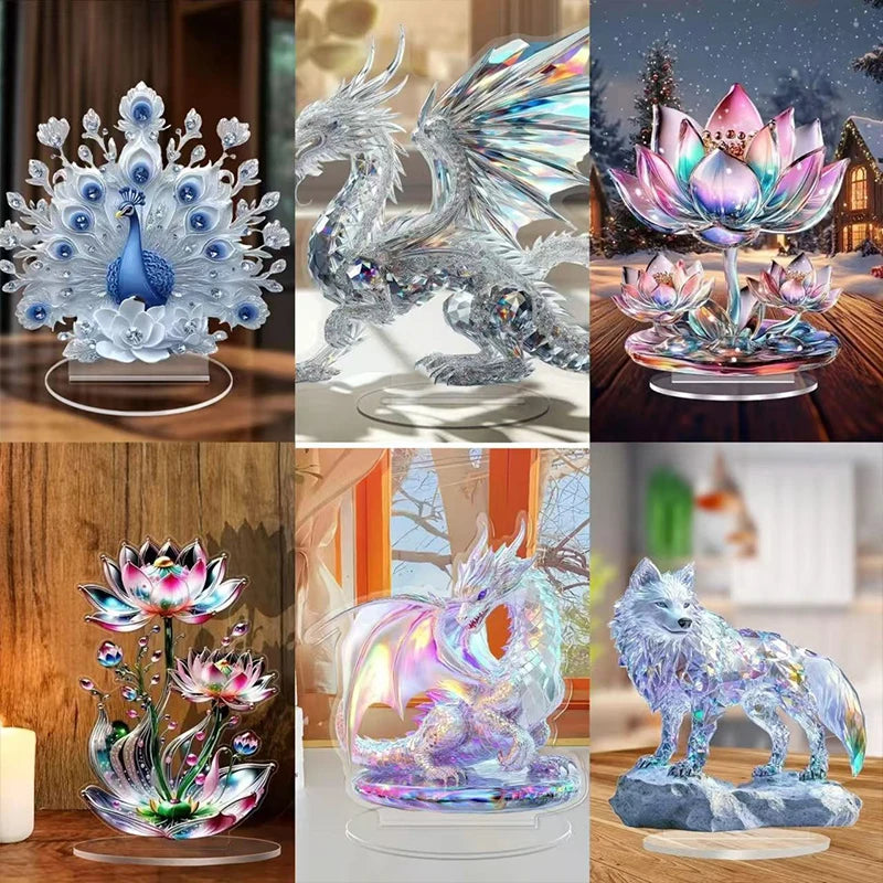 sculpture paon plumes ornements bleus argentés sculpture dragon ailes déployées sculpture loup socle rocheux