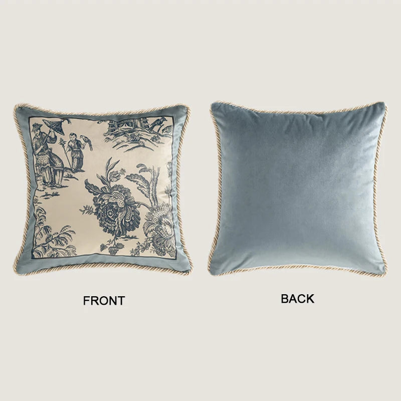 coussin vintage motif traditionnel beige bleu oiseaux fleurs structure respectueux environnement polyester doux 30x50cm