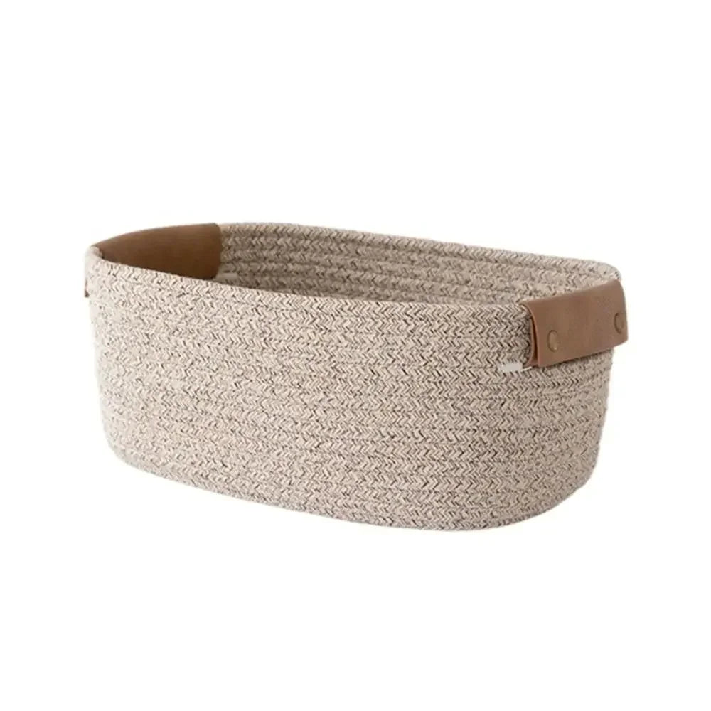 paniers rangement tissés main khaki clair blanc modernes rustiques poignées cuir eco friendly