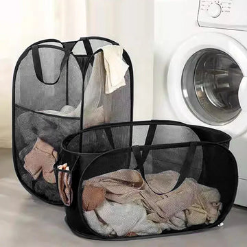 panier linge pliable coton maille moderne noir vert bleu gris transparent poches côté poignées