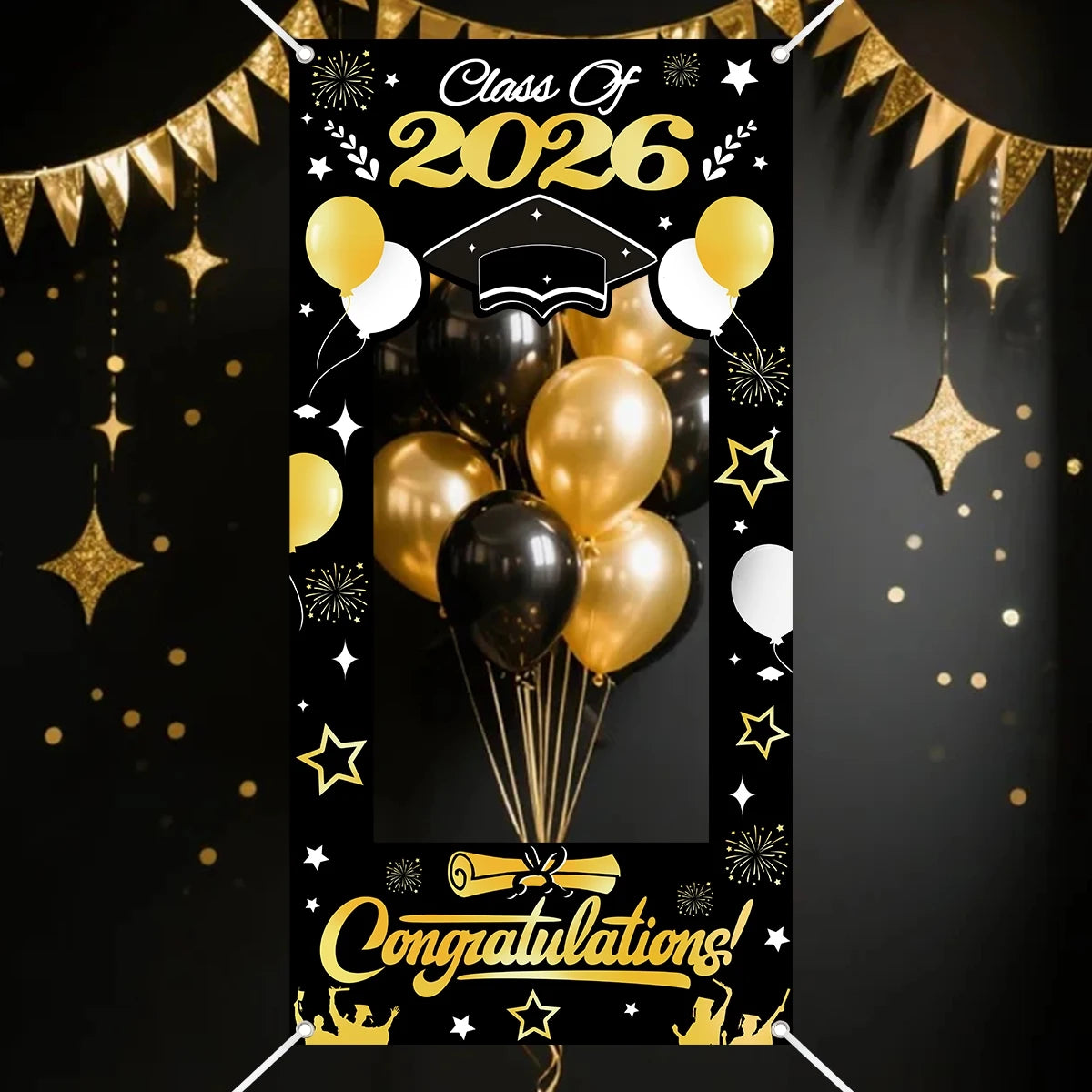 Cadre photo personnalisable graduation motifs diplômes confettis étoiles dorées noir doré clips inclusion cérémonie