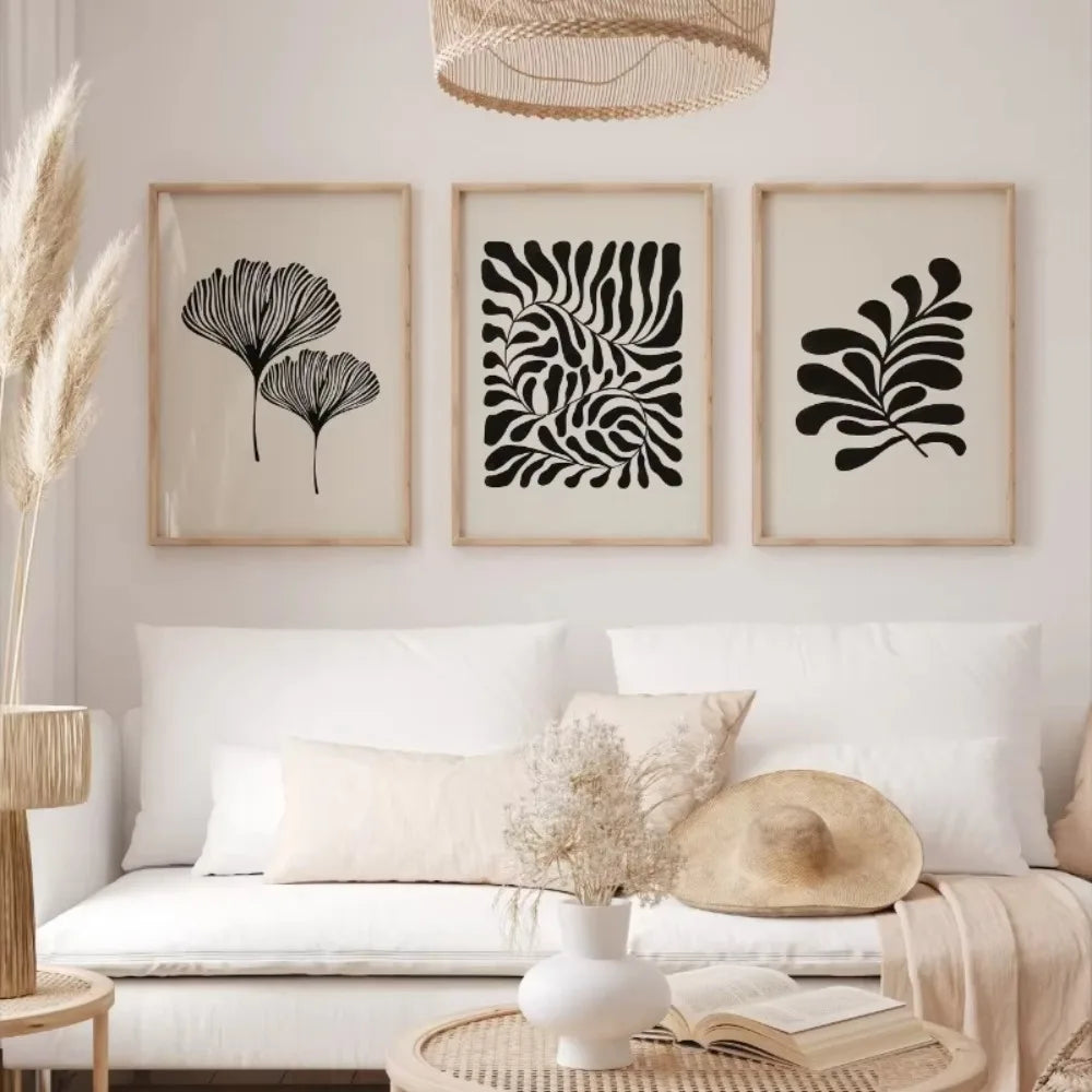 affiches art minimalistes feuilles stylisées abstraction blanche noire décoration salon moderne