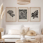 affiches art minimalistes feuilles stylisées abstraction blanche noire décoration salon moderne