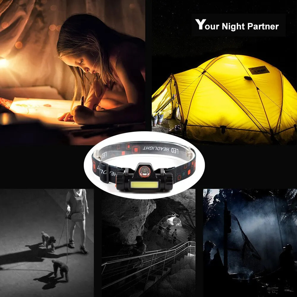 lampe frontale led rechargeable pêche camping avventure modes éclairage bandes élastiques zoom ajustable transparentes